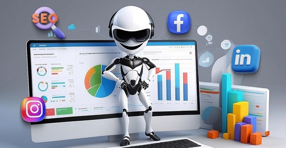 AI Social Media Management Tool compared with human marketing strategy using analytics, automation, and creative content planning.